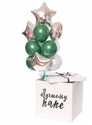 коробка-сюрприз с шарами в зеленой и серебряной гамме